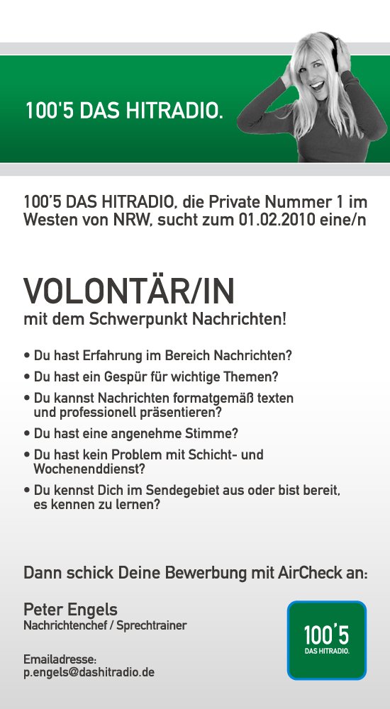 100'5 DAS HITRADIO sucht Volontär/in Nachrichten