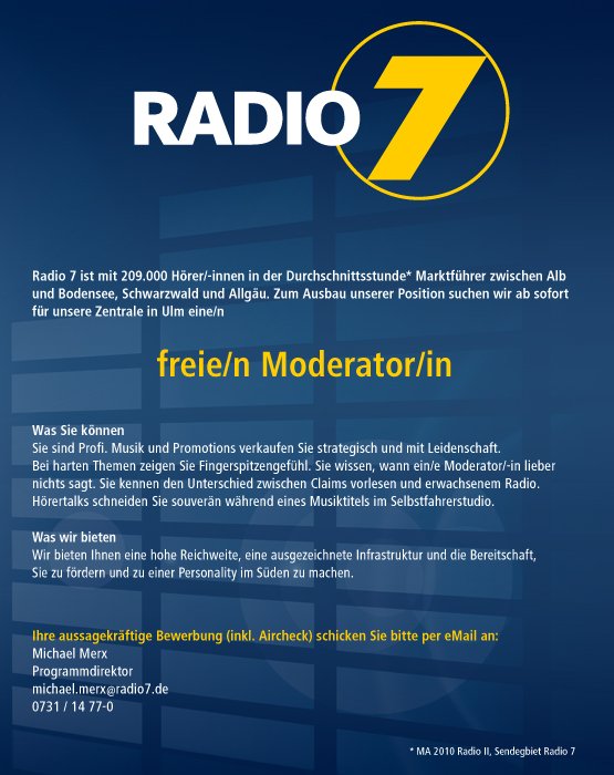 Radio 7 sucht freie/n Moderator/in