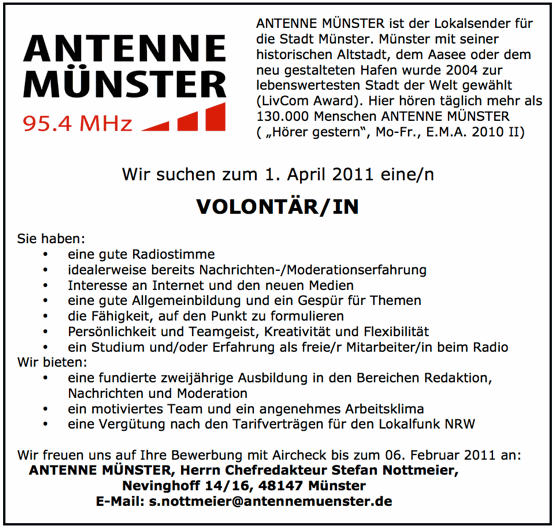Antenne Münster sucht zum 1. April eine/n Volontär/in