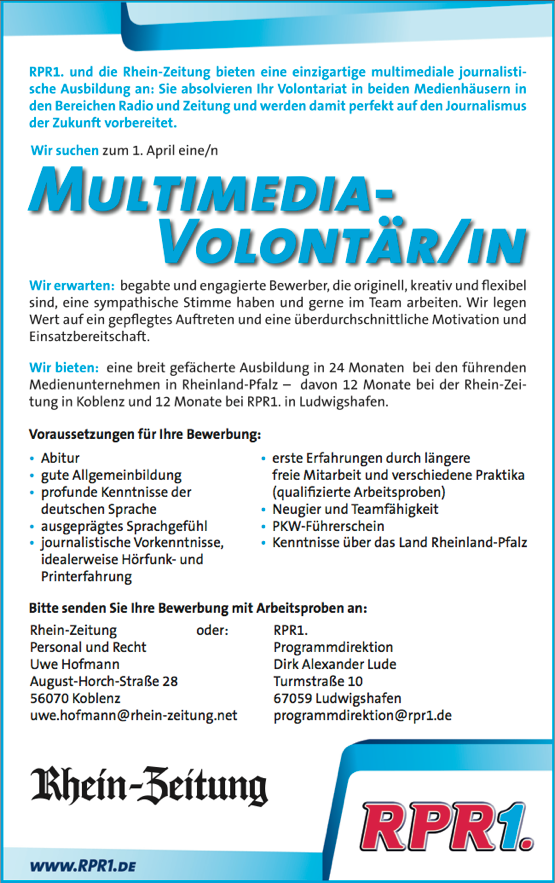 RPR1. und Rhein-Zeitung suchen eine/n Multimedia-Volontär/in