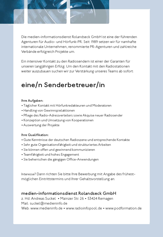 medieninformationseck Rolandseck sucht Sendebetreuer/in