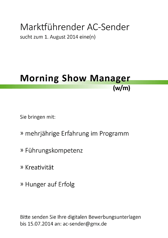 Marktführender AC-Sender sucht Morning Show Manager (w/m)