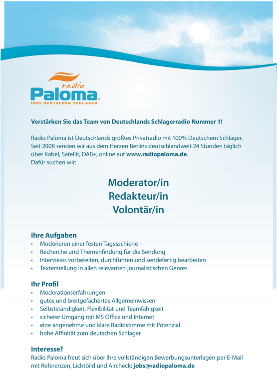 Radio Paloma sucht Moderator/in, Redakteur/in, Volontär/in