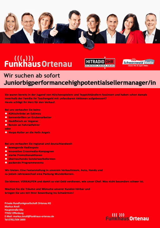 Funkhaus Ortenau sucht Juniorbigperformancehighpotentialsellermanager/in