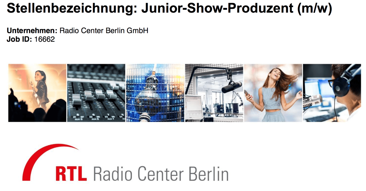 104.6 RTL Berlin sucht Junior-Show-Produzent (m/w)