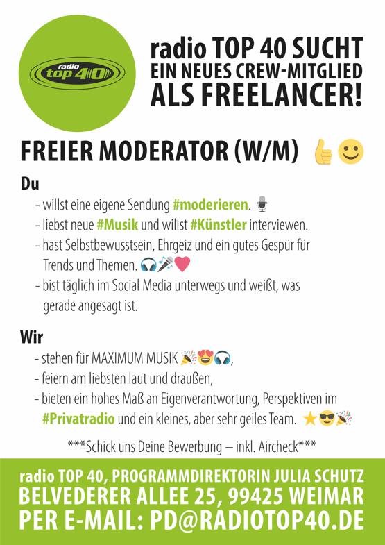 radio TOP 40 sucht am Standort Weimar ein neues Crew-Mitglied als Freelancer: Freier Moderator (m/w)