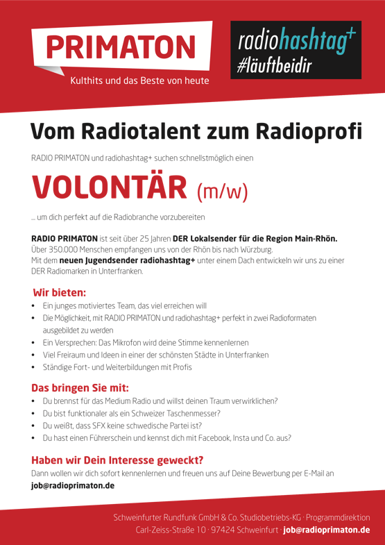 Vom Radiotalent zum Radioprofi: RADIO PRIMATON und radiohashtag+ suchen schnellstmöglich einen VOLONTÄR (m/w).