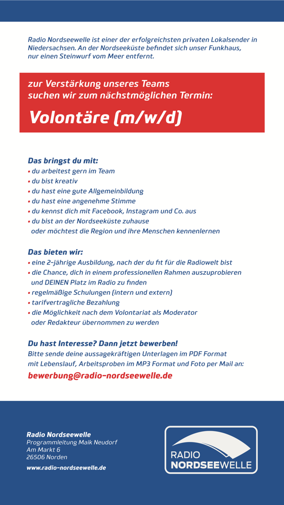 Radio Nordseewelle sucht Volontäre (m/w/d)