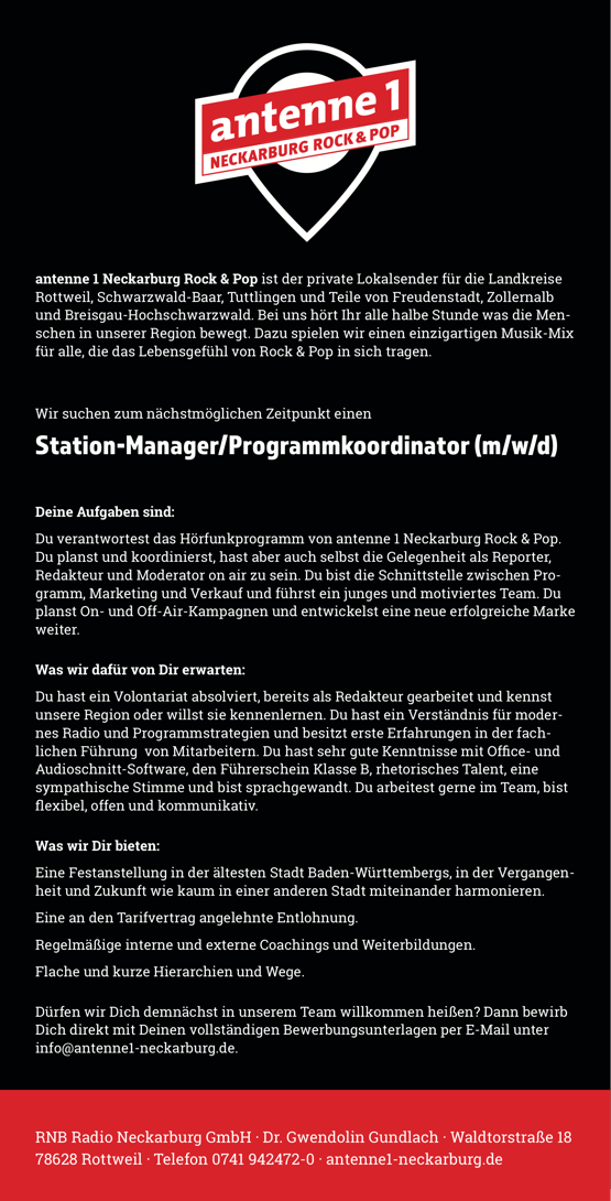 antenne1 Neckarburg Stellenanzeige Station Manager 270719