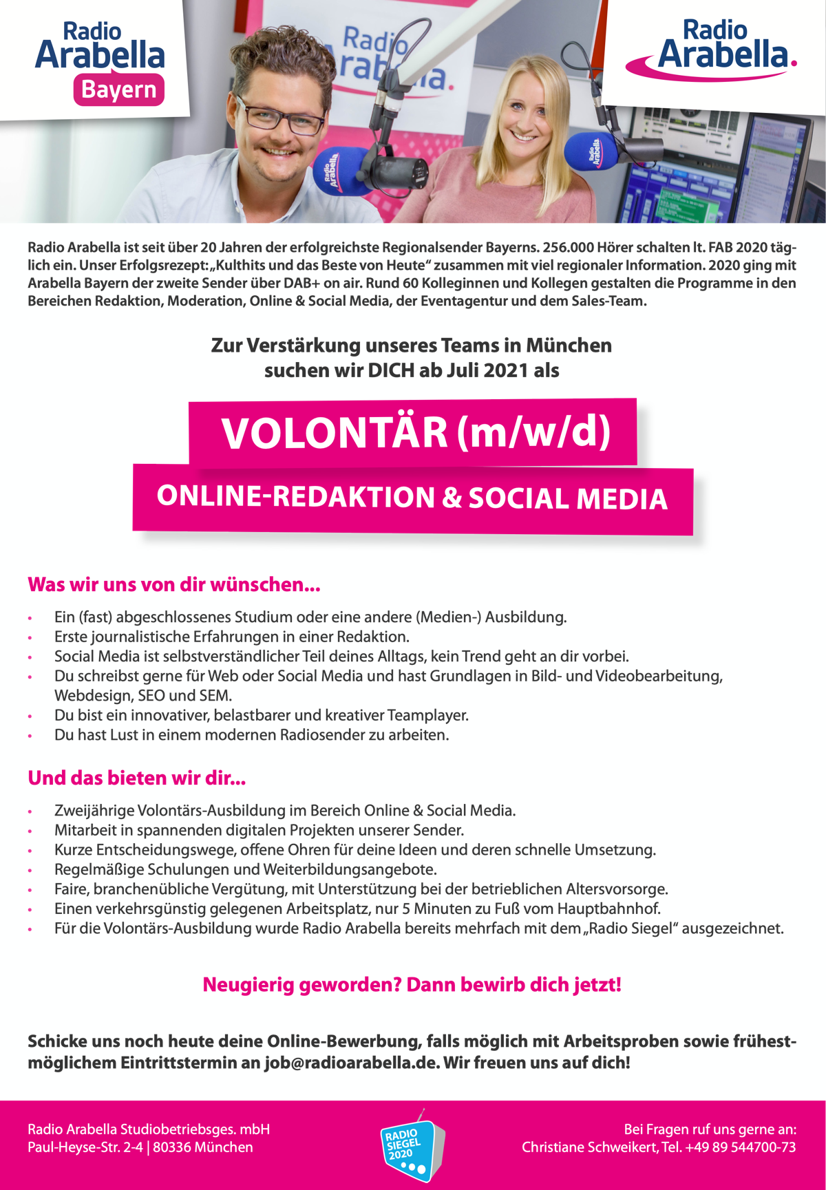 Radio Arabella sucht Volontär (m/w/d) Online-Redaktion & Social Media