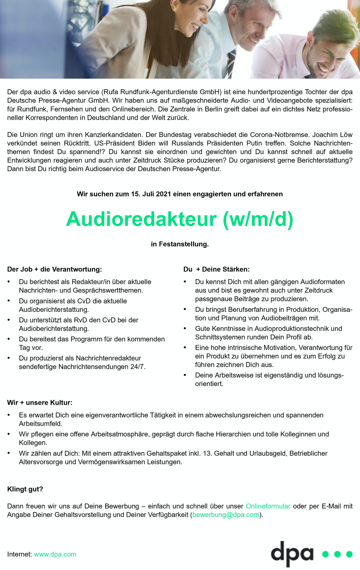 dpa audio & video service Audioredakteur (w/m/d)