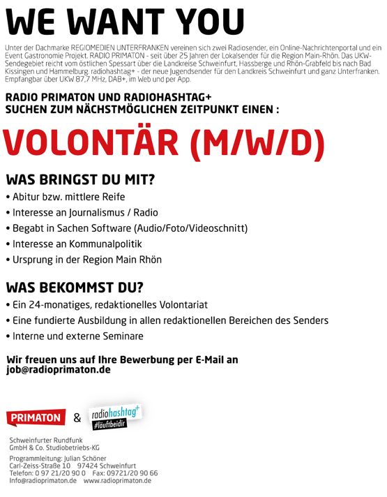RADIO PRIMATON sucht Volontär (m/w/d)