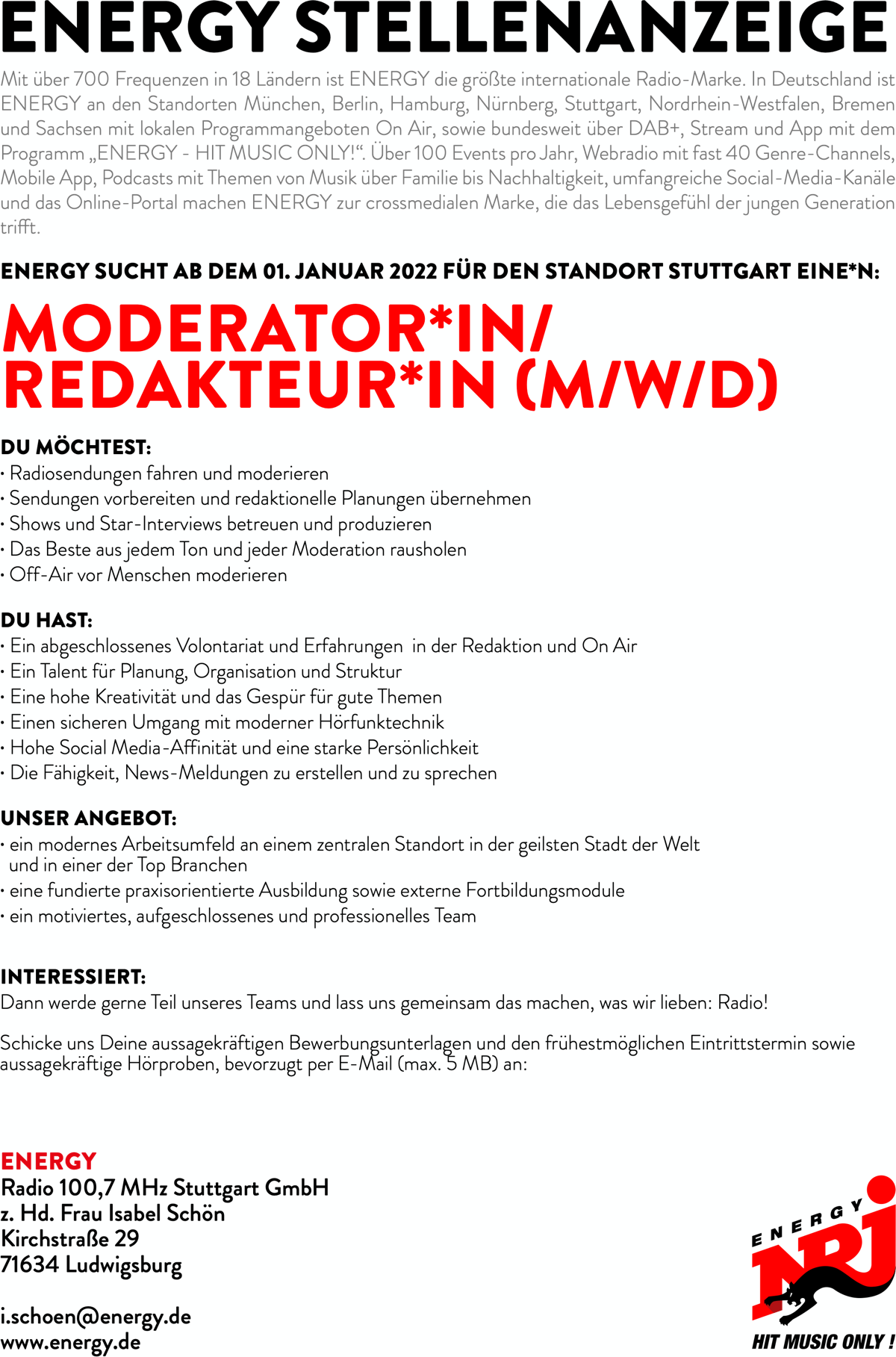 ENERGY Stuttgart sucht Moderator*in/Redakteur*in (m/w/d)