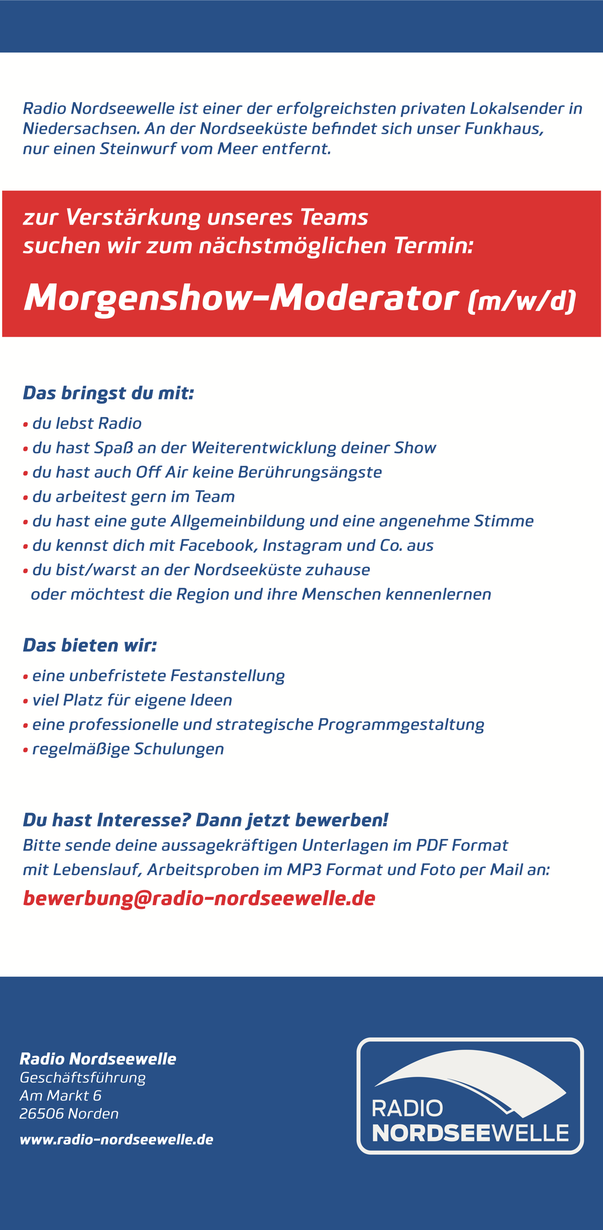 Radio Nordseewelle sucht Morgenshow-Moderator (m/w/d)