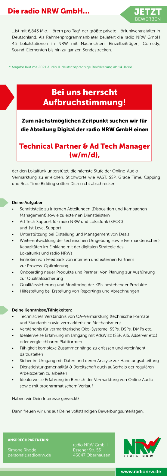radio NRW sucht Technical Parter & Ad Tech Manager (w/m/d)