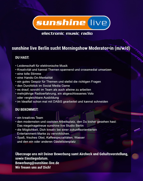 sunshine live Berlin sucht Morningshow Moderator*in (m/w/d)