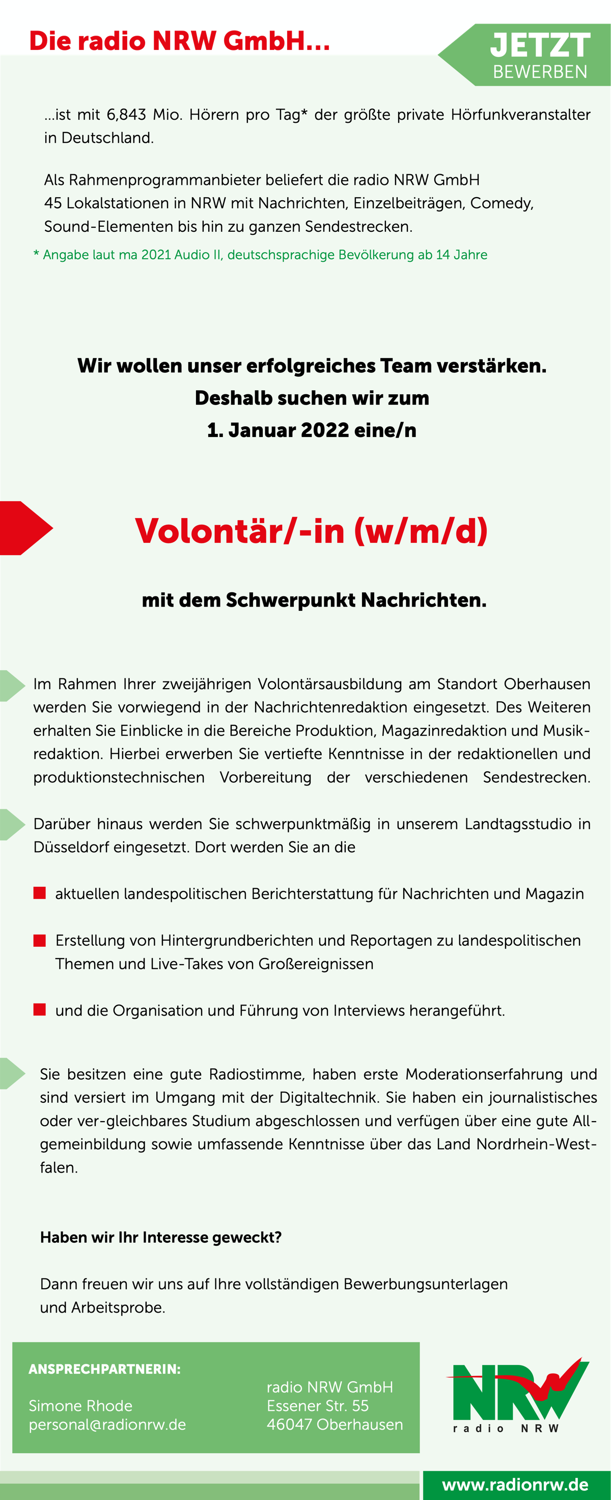 radio NRW sucht Volontär/in (w/m/d) Schwerpunkt Nachrichten