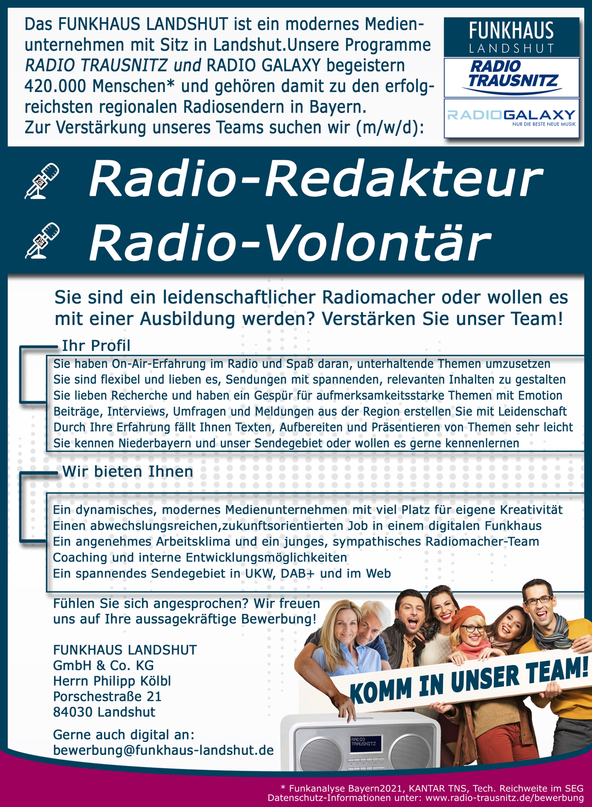 FUNKHAUS LANDSHUT sucht Radio-Redakteur Radio-Volontär (m/w/d)