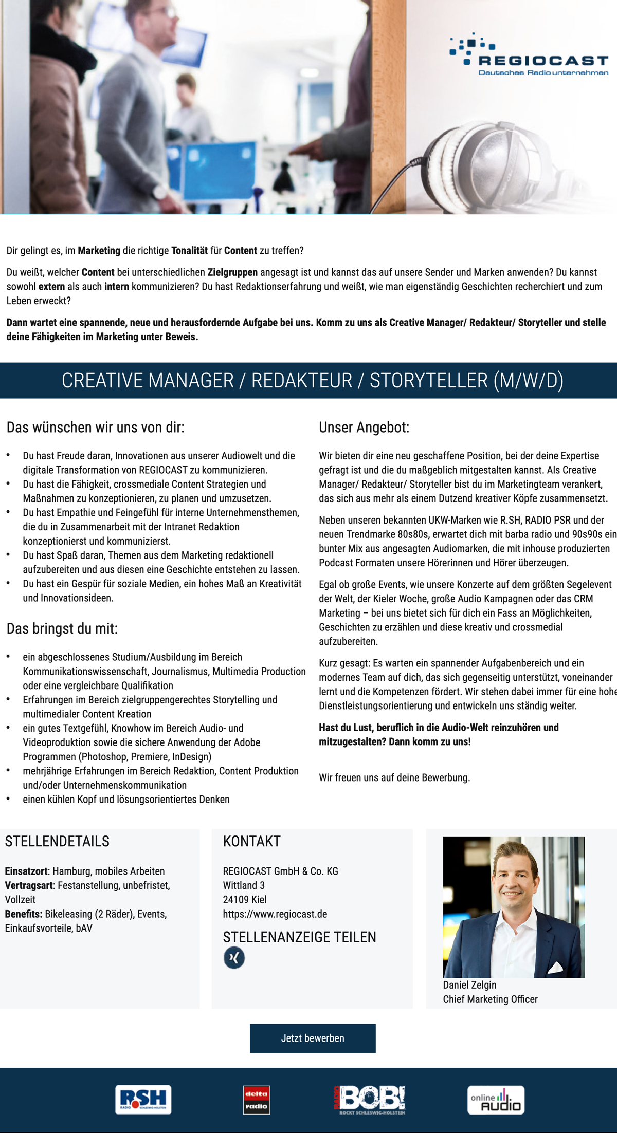 REGIOCAST sucht Creative Manager / Redakteur / Storyteller (m/w/d)
