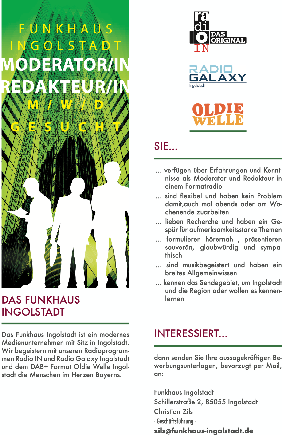 Funkhaus Ingolstadt sucht Moderator/in Redakteur/in (m/w/d)