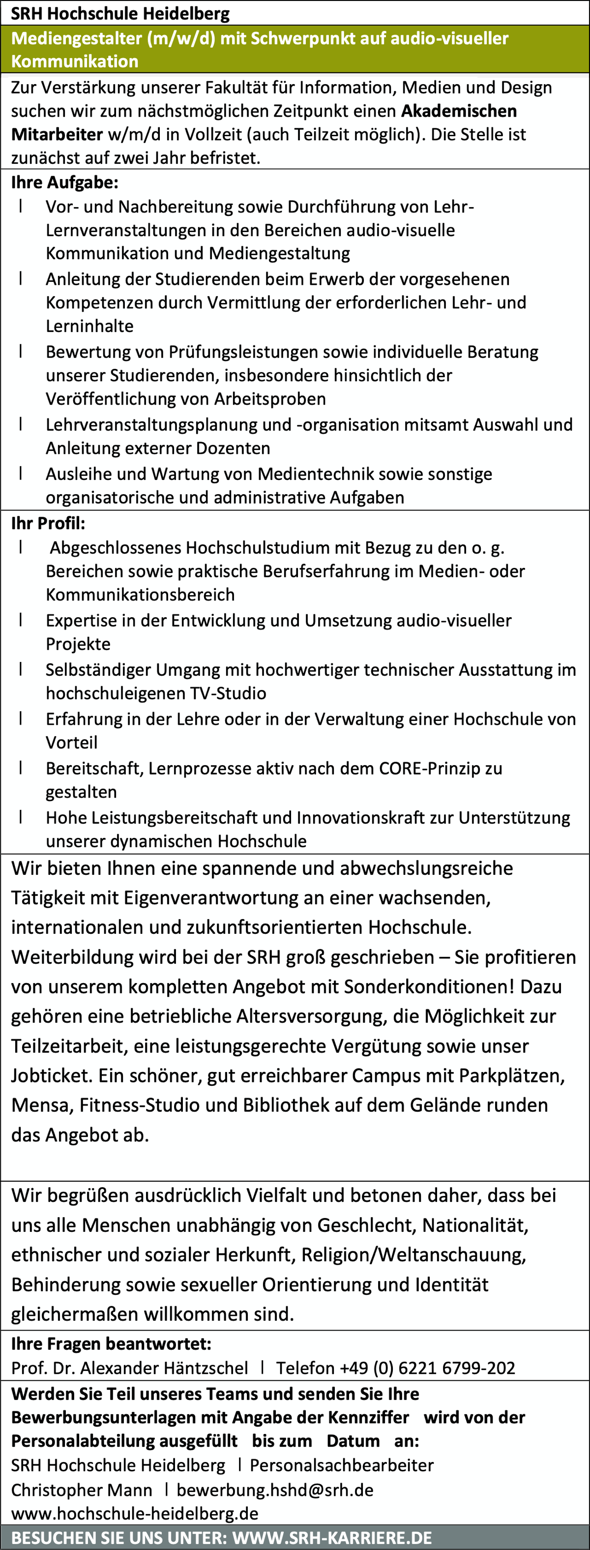 SRH Hochschule Heidelberg sucht Mediengestalter (m/w/d) für audiovisuelle Kommunikation