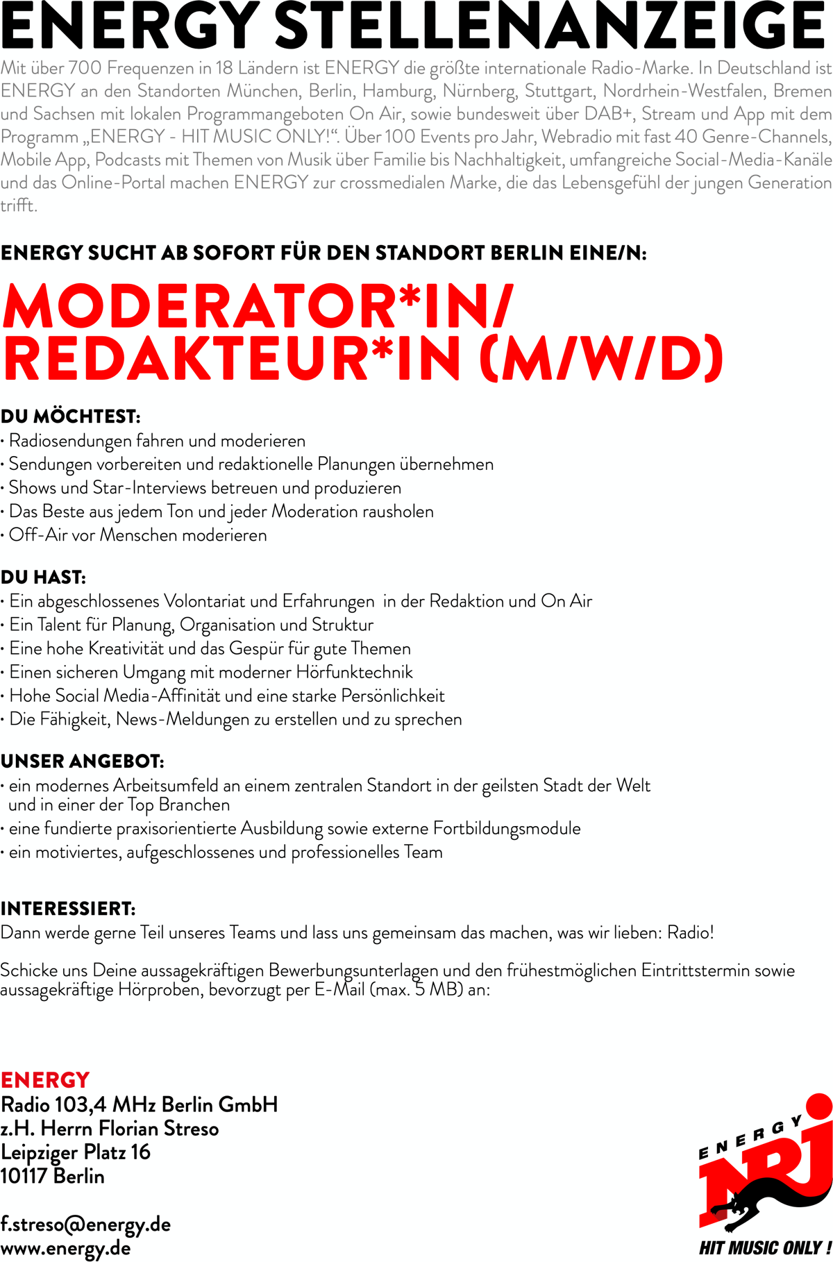 ENERGY Berlin sucht Moderator*in / Redakteur*in (m/w/d)