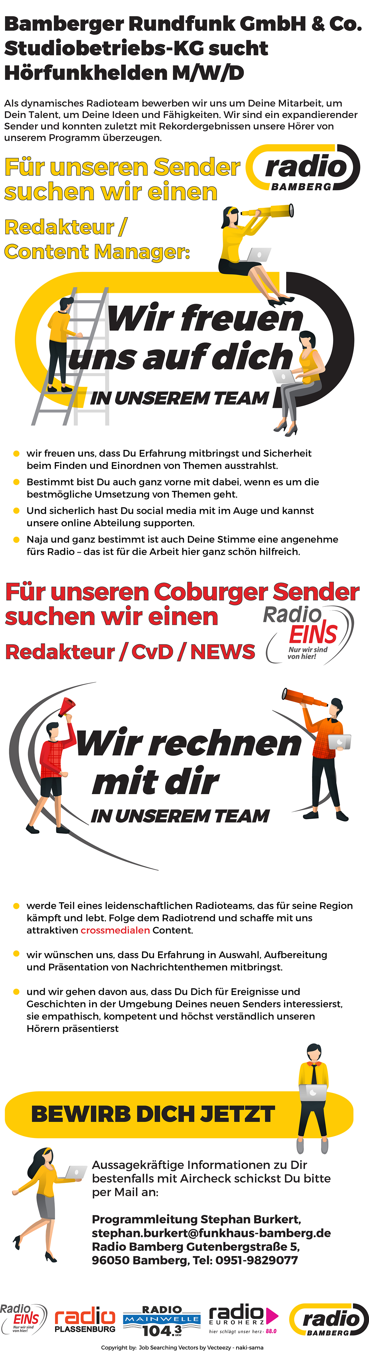 Funkhaus Bamberg sucht Hörfunk-Helden (m/w/d): eine/ Redakteur/in / Content Manager/in für Radio Bamberg und eine/n Redakteur/n / CvD / News für Radio EINS