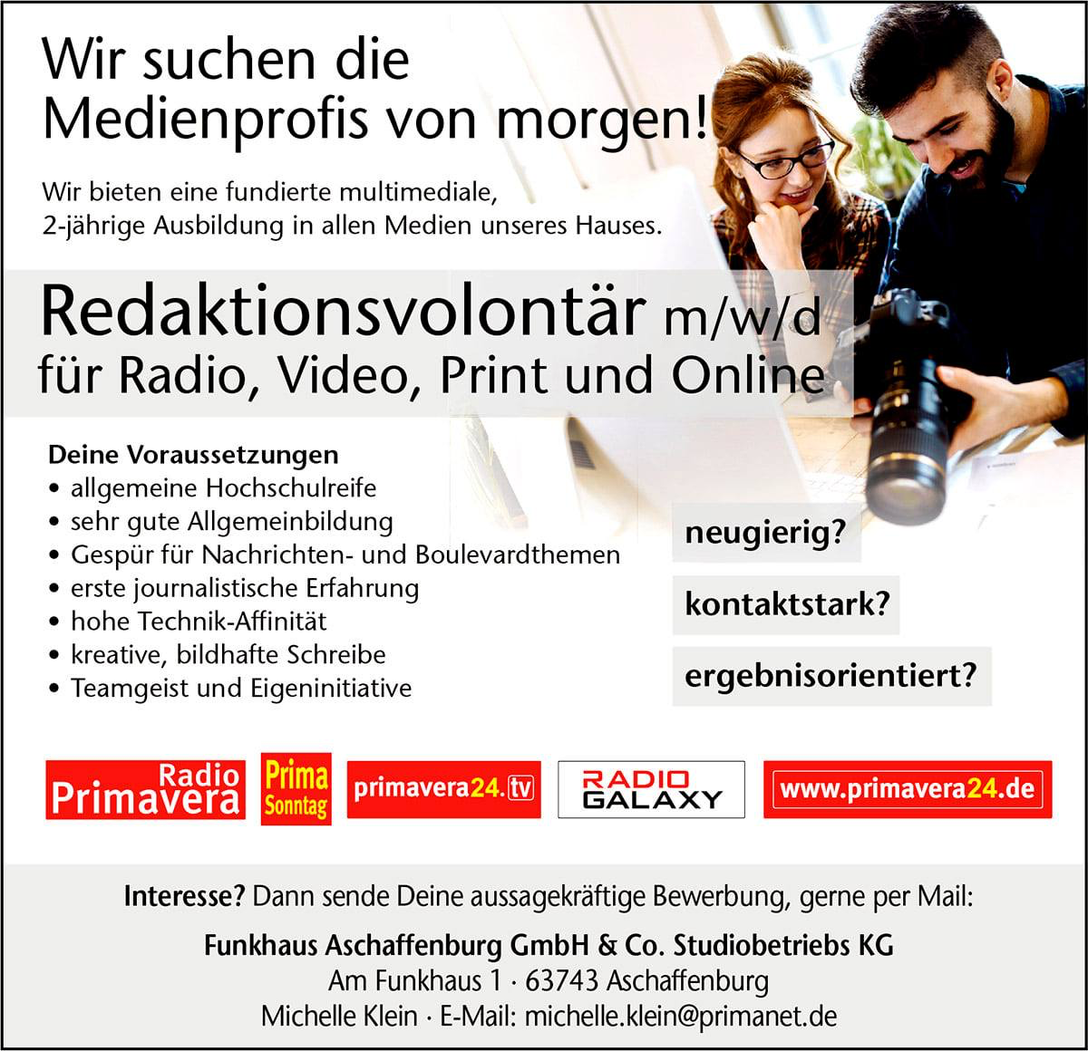 Funkhaus Aschaffenburg sucht Redaktionsvolontär m/w/d für Radio, Video, Print und Online