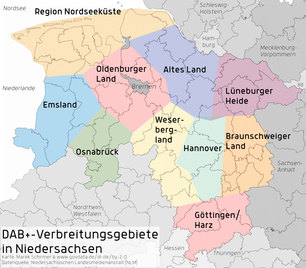 Einteilung von Niedersachsen in 10 DAB+ Verbreitungsgebiete