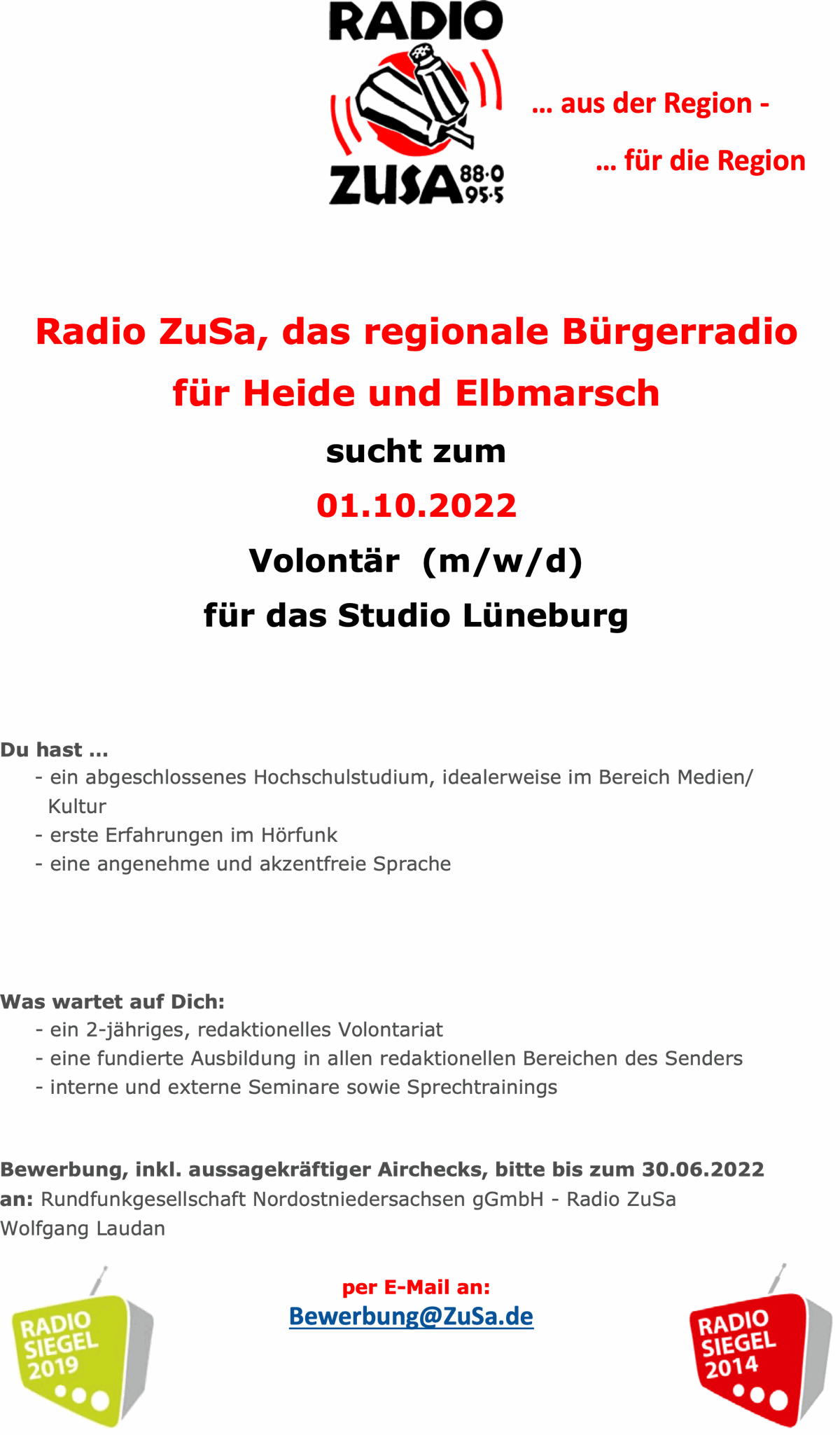 radio zusa Ausschreibung Lueneburg 060522