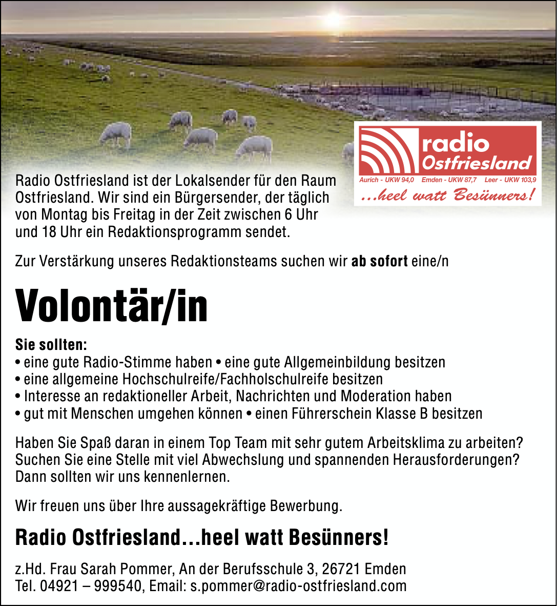 Radio Ostfriesland Stellenanzeige Volontaer 130622