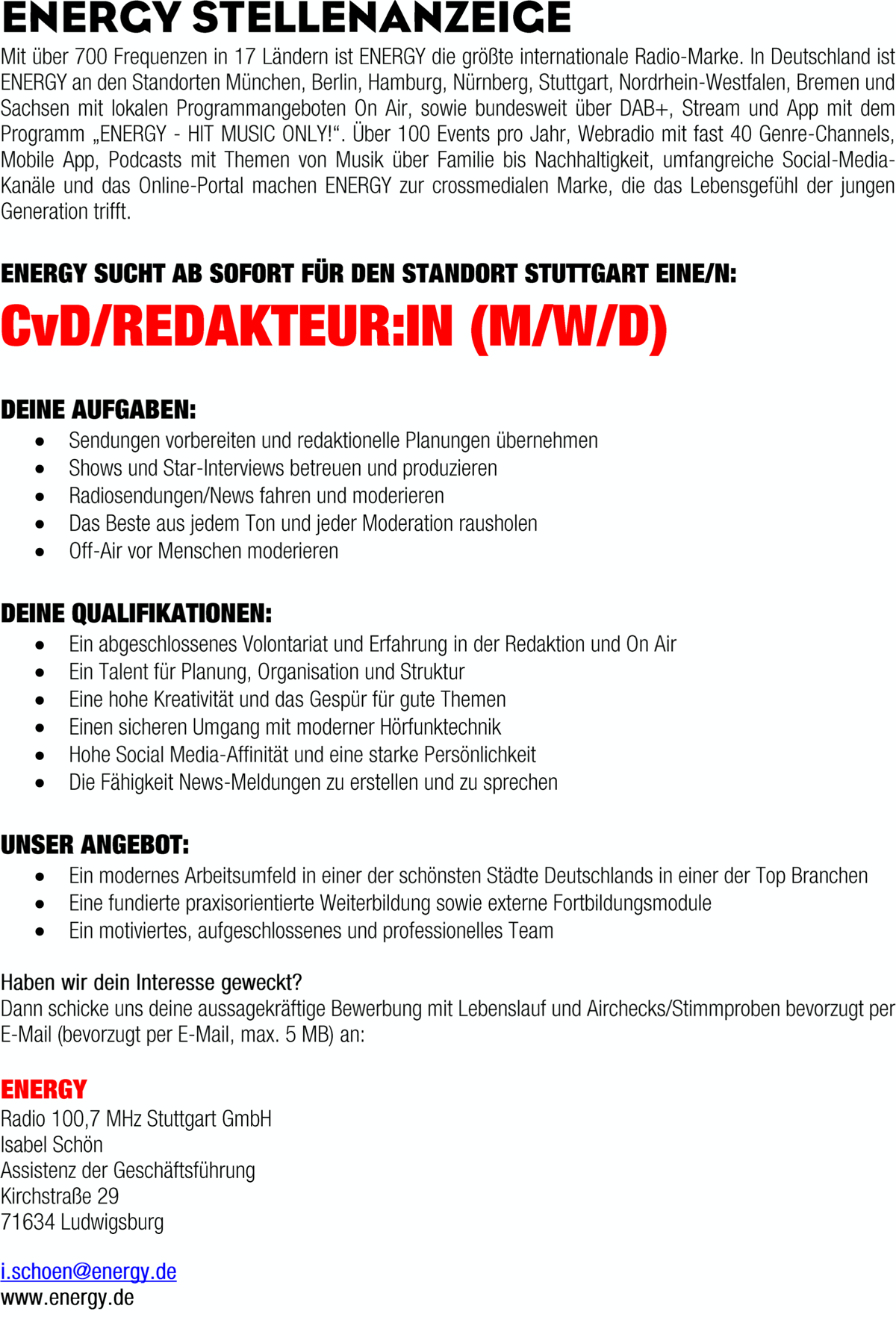 ENERGY Stuttgart sucht CvD/Redakteur*in (m/w/d)