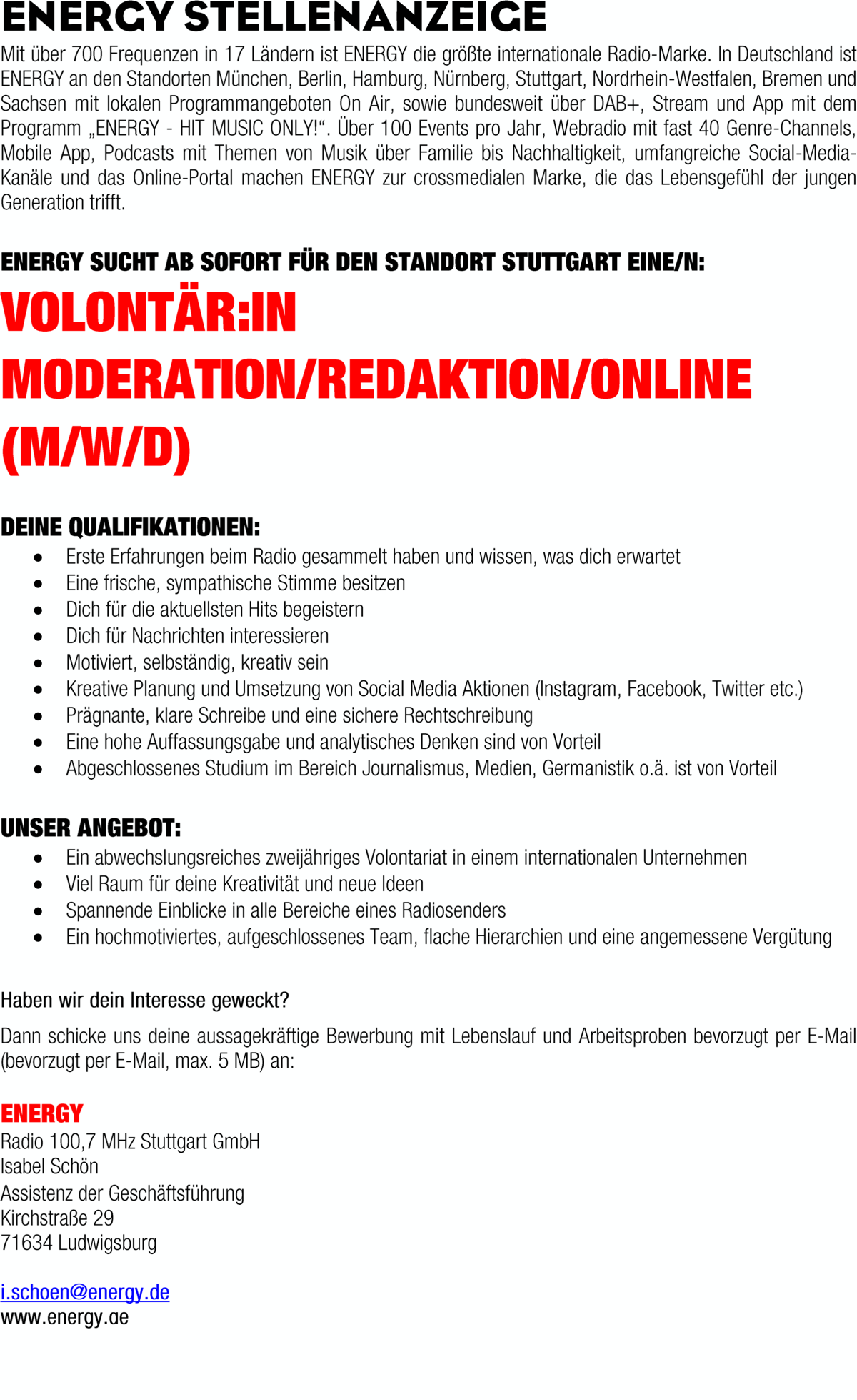 ENERGY Stuttgart sucht Volontär:in Moderation/Redaktion/Online (m/w/d)