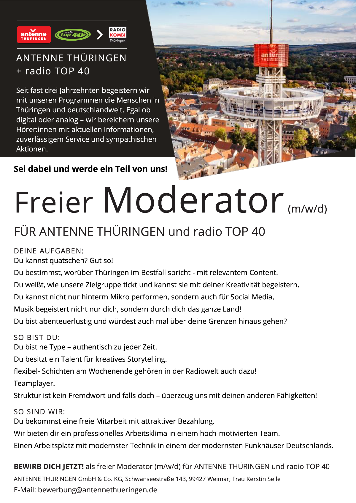 ANTENNE THÜRINGEN und radio TOP 40 suchen freien Moderator (m/w/d)