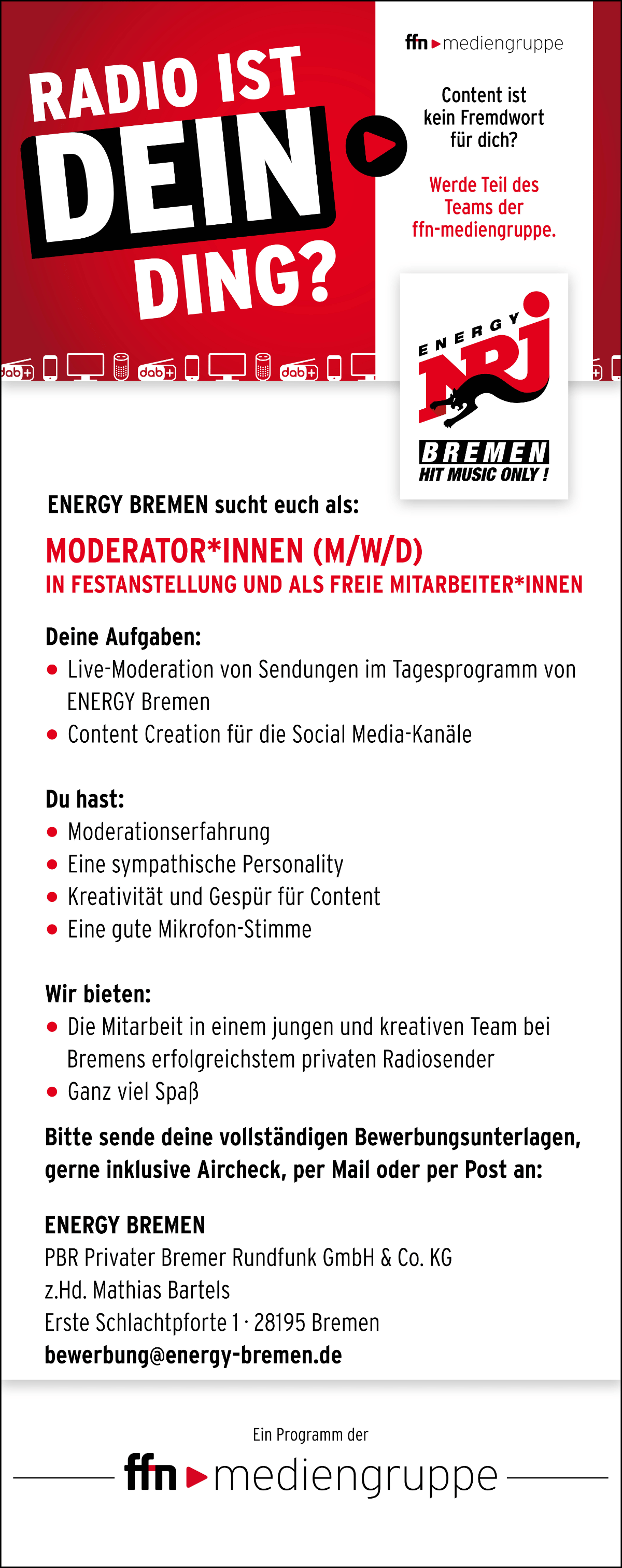 ENERGY BREMEN sucht Moderator*innen (m/w/d) in Festanstellung und als freie Mitarbeiter*innen