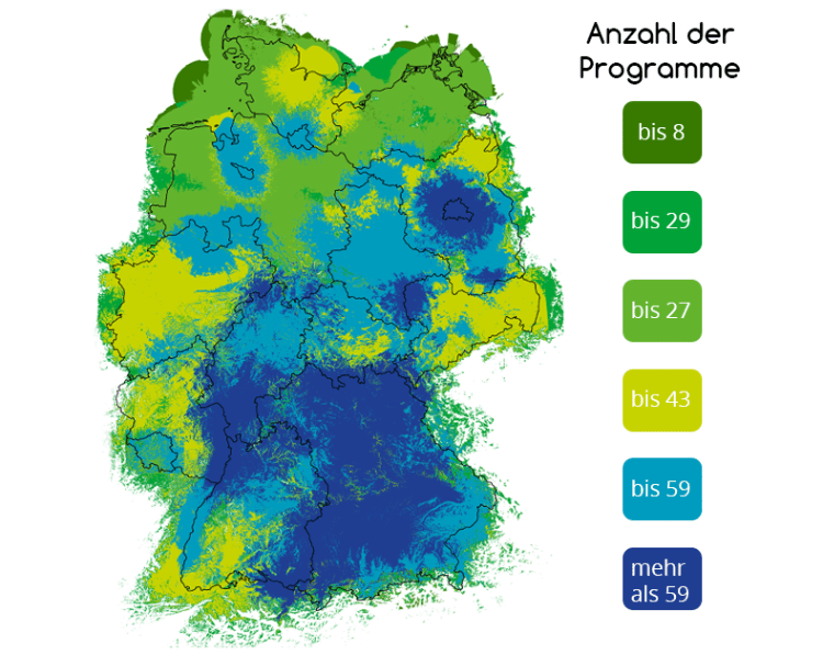 DAB+ Deutschlandkarte: Anzahl der Programme