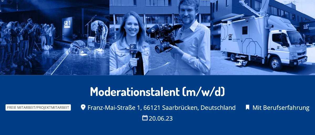 Wir sind UNSERDING, das junge crossmediale Programm des Saarländischen Rundfunks und suchen zum nächstmöglichen Zeitpunkt zunächst befristet auf 3 Jahre ein Moderationstalent (m/w/d).