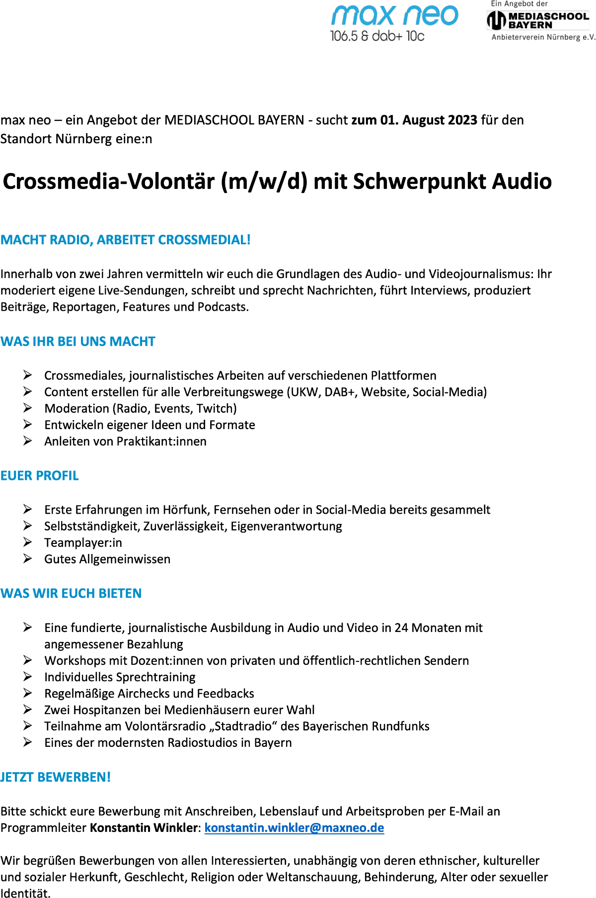 max neo sucht Crossmedia-Volontär (m/w/d) mit Schwerpunkt Audio