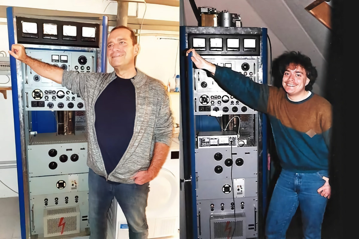 Stephan Kaiser mit dem Original UKW Sender Radio Benelux_Fantasy 1985 und 2023 (Bild: Privatarchiv)
