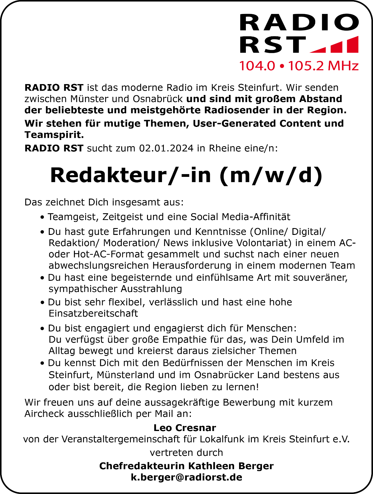 RADIO RST sucht zum 02.01. 2024 in Rheine eine/n Redakteur/-in (m/w/d).