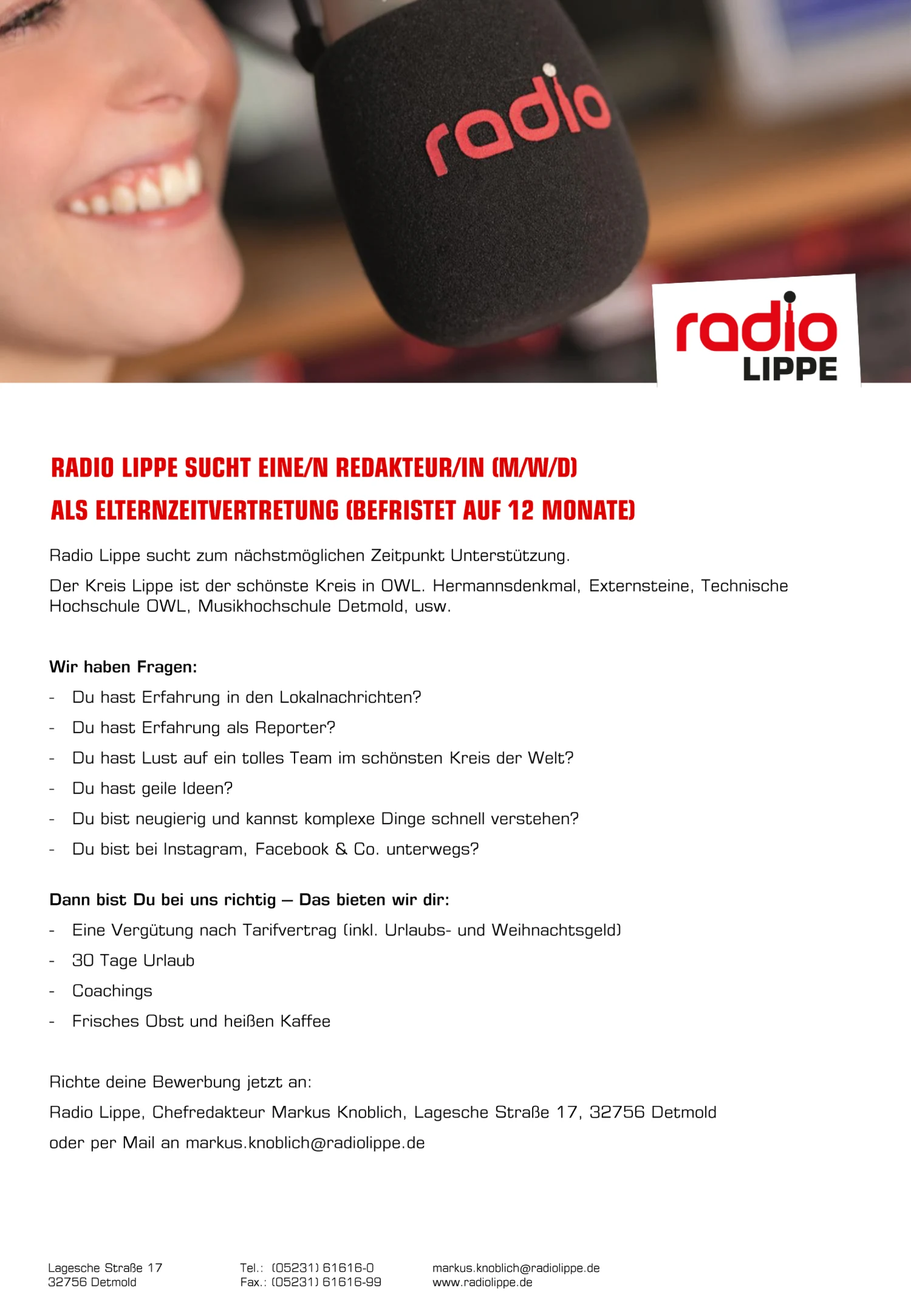 Radio Lippe sucht zum nächstmöglichen Zeitpunkt eine/n Redakteur/in (m/w/d) als Elternzeitvertretung (befristet auf 12 Monate)