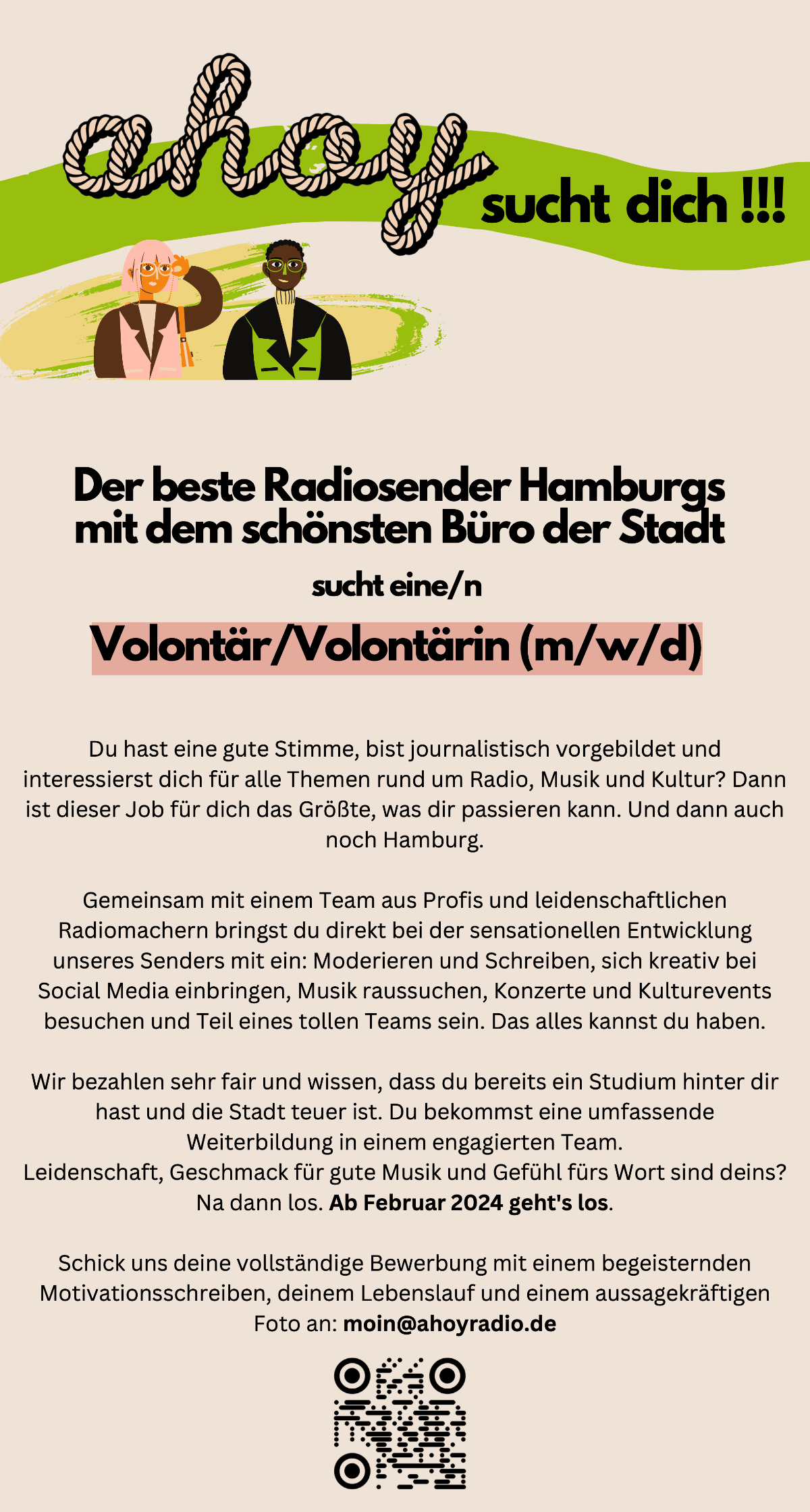 ahoy – der beste Radiosender Hamburgs mit dem schönsten Büro der Stadt – sucht eine/n Volontär/Volontärin (m/w/d).