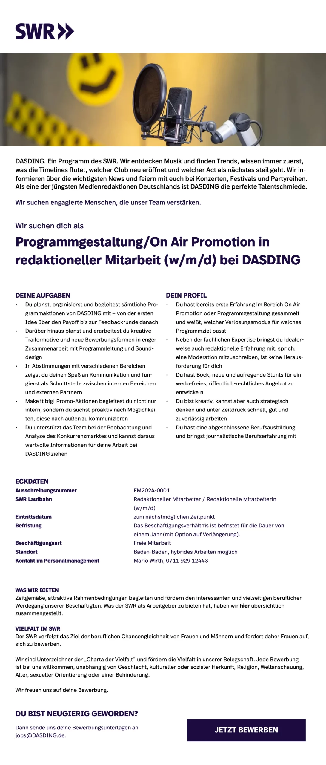 SWR bietet redaktionelle Mitarbeit in Programmgestaltung/On Air Promotion (w/m/d) bei DASDING