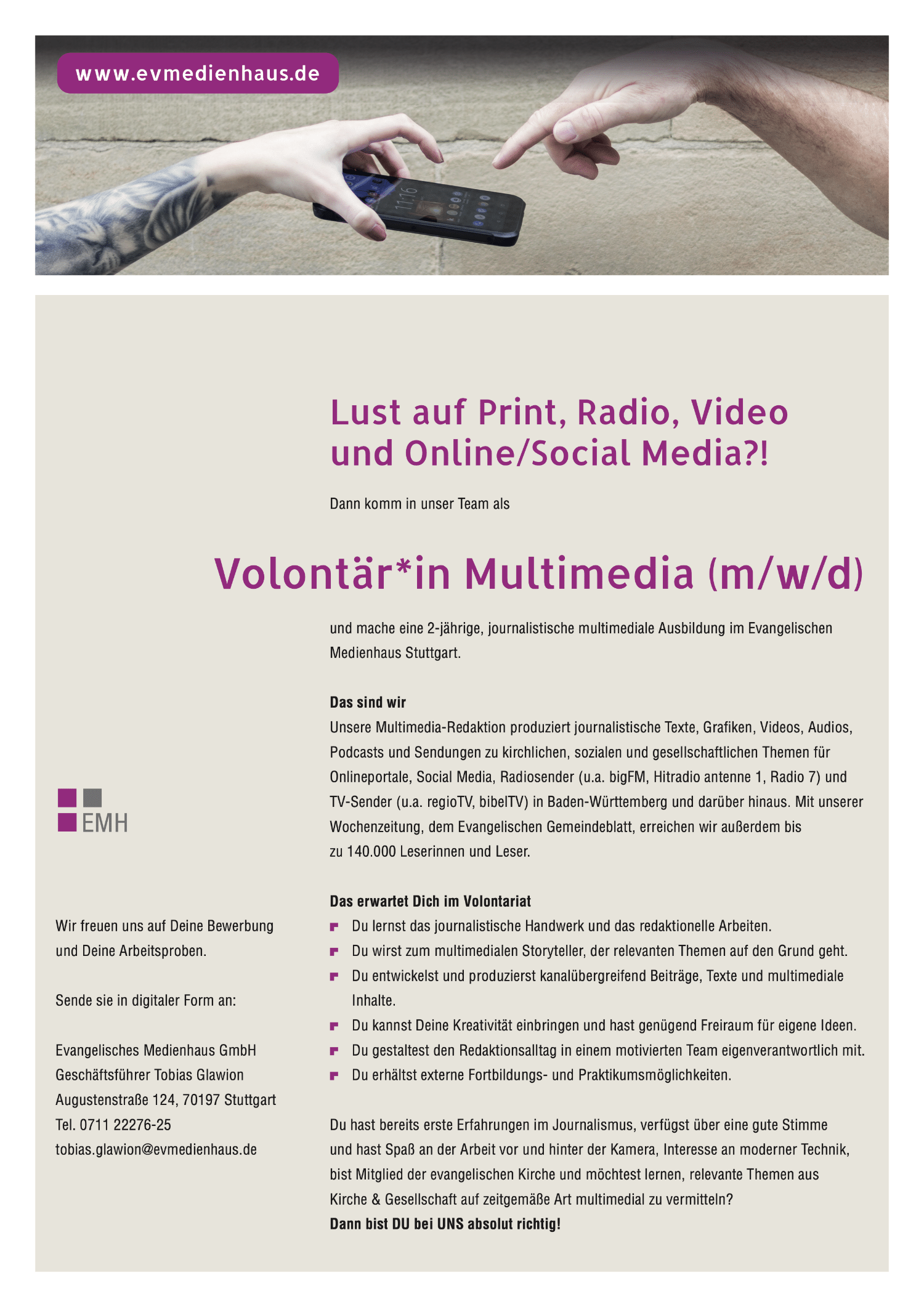 Evangelisches Medienhaus sucht Volontär*in Multimedia (m/w/d)
