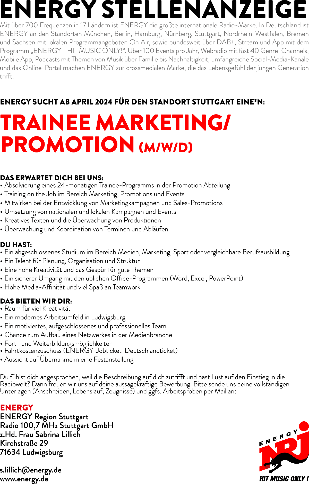 ENERGY Stuttgart sucht Trainee Marketing / Promotion (m/w/d)