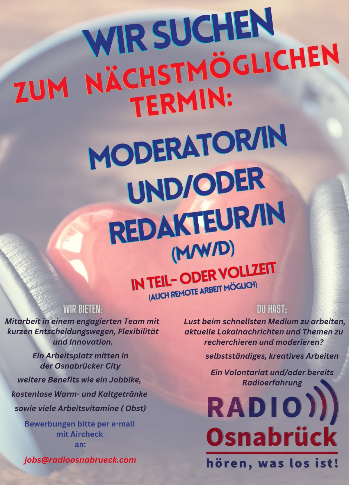 Radio Osnabrück sucht zum nächstmöglichen Termin eine/n Moderator/in und/oder Redakteur/in (m/w/d) in Teil- oder Vollzeit (auch Remote-Arbeit möglich).