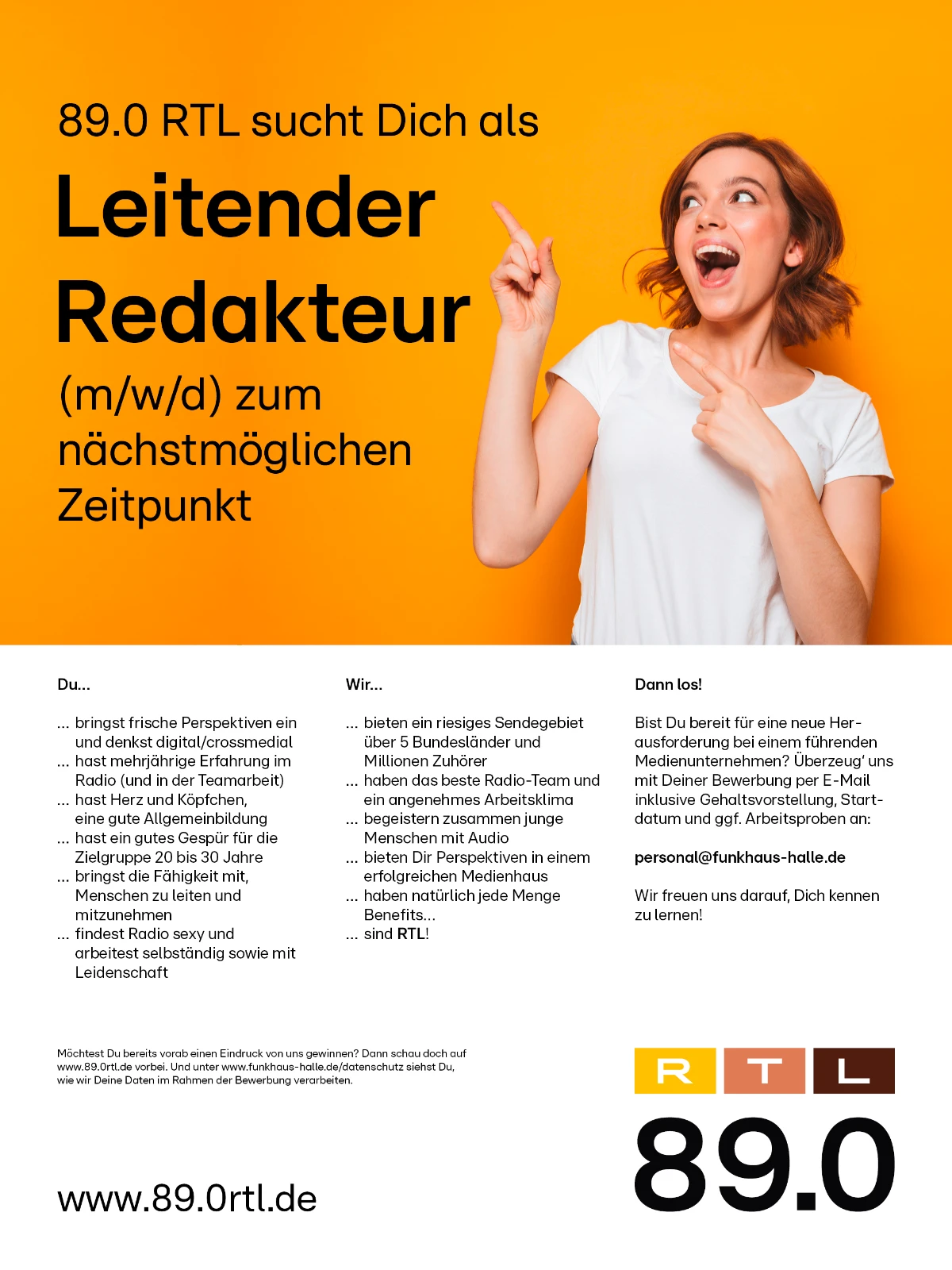 89.0 RTL sucht Dich als leitender Redakteur (m/w/d) zum nächstmöglichen Zeitpunkt.